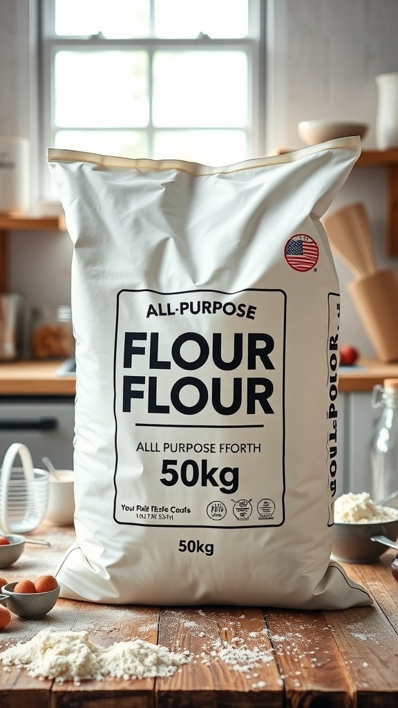 A 50kg bag of all-purpose flour in a kitchen with baking tools.